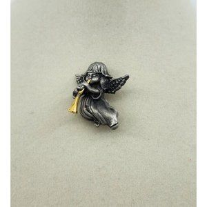 VTG Signed Daria Guardian Angel Horn Brooch Fine Pewter Pin